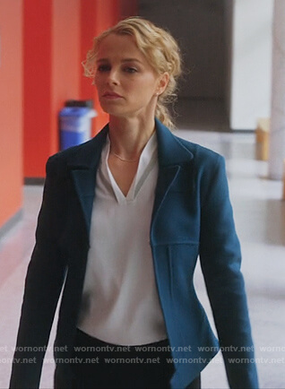 Lizzie's blue seamed cashmere jacket on Instinct