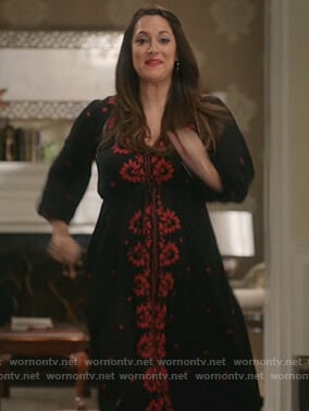 Colleen's black and red floral embroidered v-neck dress on Life in Pieces