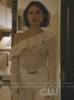 Cristal's white one-shoulder crochet top on Dynasty