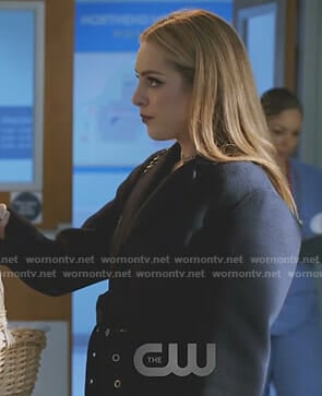 Fallon's navy coat with eyelet belt on Dynasty