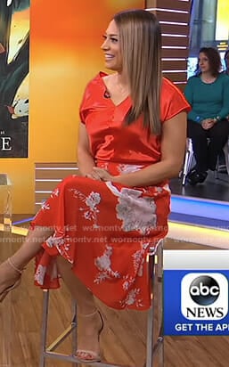 Ginger's red v-neck top and floral skirt on Good Morning America