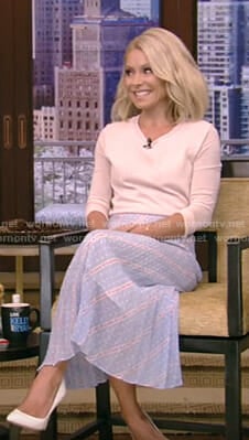 Kelly's pastel blue printed sheer skirt on Live with Kelly and Ryan