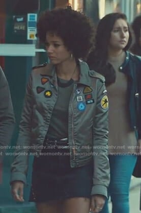 Maia's khaki bomber jacket with patches on Shadowhunters