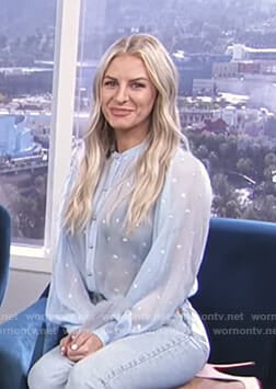 Morgan's blue embellished sheer blouse on E! News Daily Pop