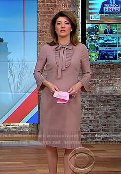 Norah's pink pleated tie neck dress on CBS This Morning