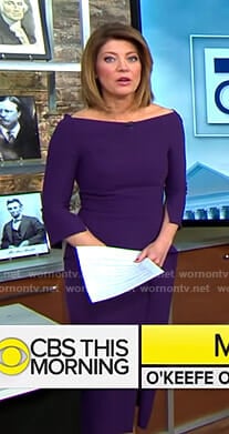 Norah's purple peplum dress on CBS This Morning
