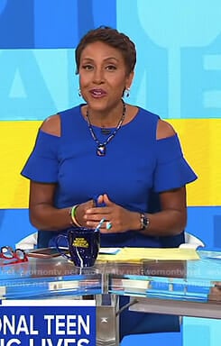 Robin's blue cold-shoulder dress with ruffled sleeves on Good Morning America