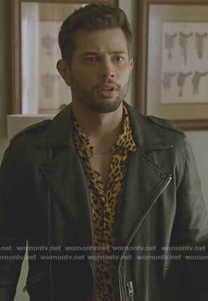 Sam's leopard print shirt and leather moto jacket on Dynasty