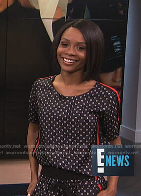 Zuri's black floral print top and track pants on E! News
