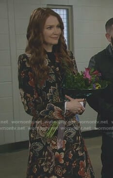 Abby's black floral jacquard coat on Scandal