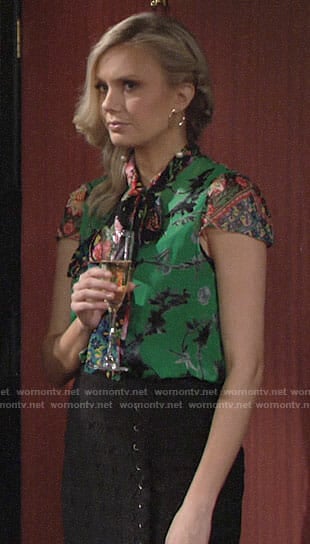 Abby's green floral bow neck blouse on The Young and the Restless