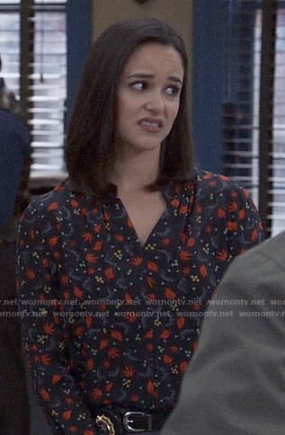 Amy's black and red leaf print blouse on Brooklyn Nine-Nine