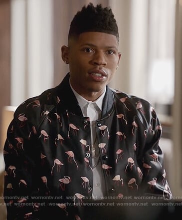 Hakeem's black flamingo print bomber jacket on Empire