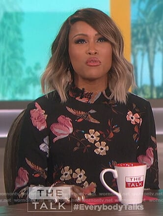 Eve's black floral printed dress on The Talk