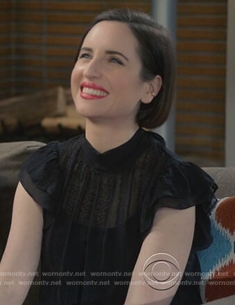 Jen's black sheer embroidered top on Life in Pieces