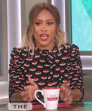 Eve's black neck tie print dress on The Talk