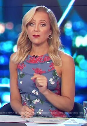 Carrie's blue sleeveless floral print dress on The Project