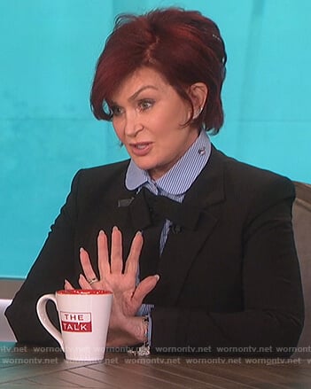 Sharon's blue bow neck embroidered blouse on The Talk