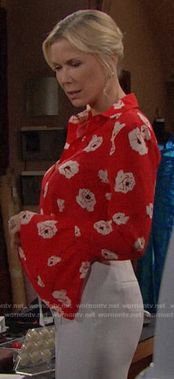 Brooke's red floral blouse on The Bold and the Beautiful
