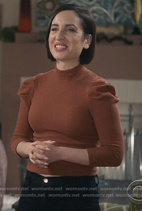 Jen's brown puff shoulder top on Life in Pieces