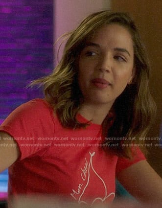 Cassandra's red Mon Cheri tee on Famous in Love