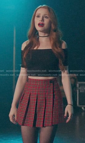 Cheryl's black crop top and red plaid mini skirt on Riverdale