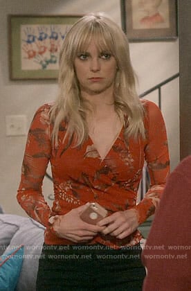 Christy's red floral wrap top on Mom