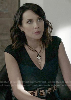 Deann's v-neck dress and clear pendant necklace on The Arrangement