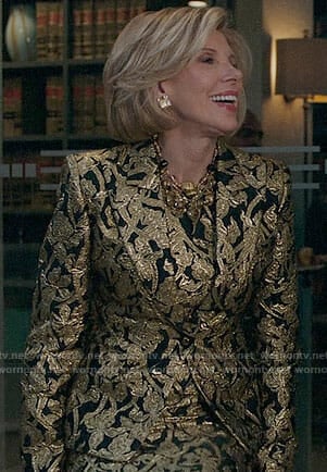 Diane's gold floral skirt suit on The Good Fight
