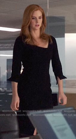 Donna's black dress with asymmetric neckline on Suits