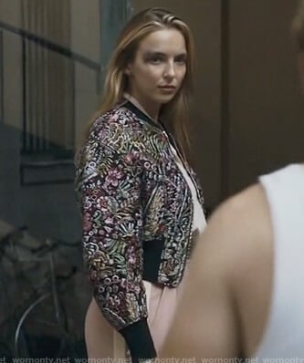 Villanelle's floral bomber jacket on Killing Eve