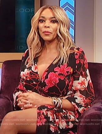 Wendy's black floral print wrap dress on The Wendy Williams Show
