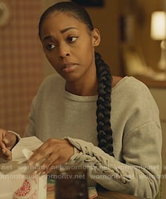 Anissa's gray lace-up sleeve sweatshirt on Black Lightning