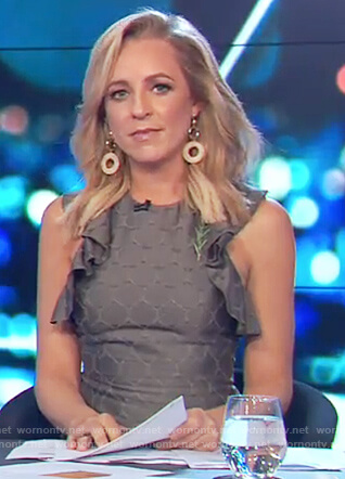 Carrie's gray textured ruffle sleeve dress on The Project