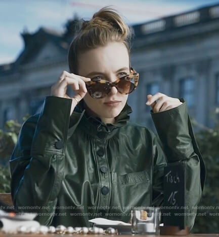 Villanelle's green leather ruffle neck top on Killing Eve