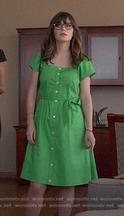 Jess's green button front dress on New Girl
