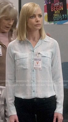 Jill's light blue snake print blouse on Mom
