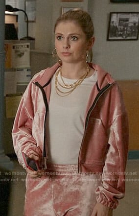 Liv's pink velour track suit and honey hoop earrings on iZombie
