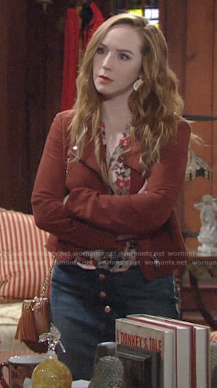 Mariah's floral blouse, denim skirt and suede jacket on The Young and the Restless
