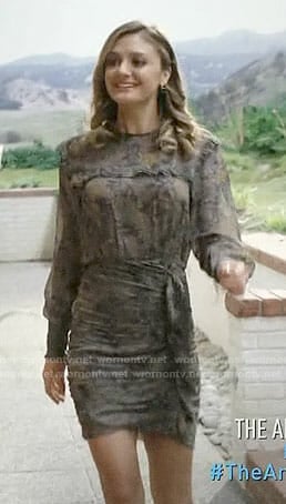 Megan's grey printed dress with ruffles on The Arrangement