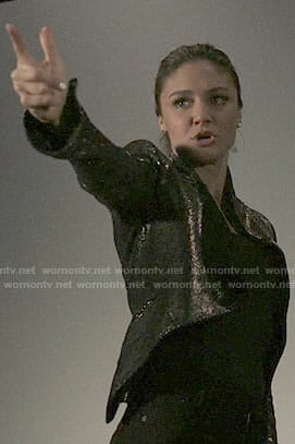 Megan's metallic asymmetric jacket on The Arrangement