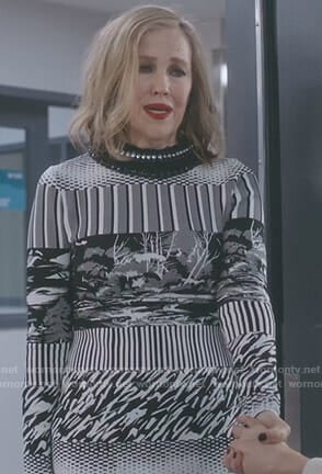 Moira's mixed print knit dress on Schitt's Creek