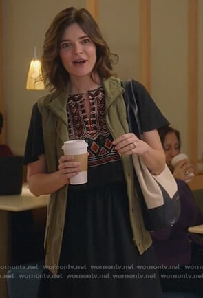 Heather's navy embroidered dress on Life in Pieces