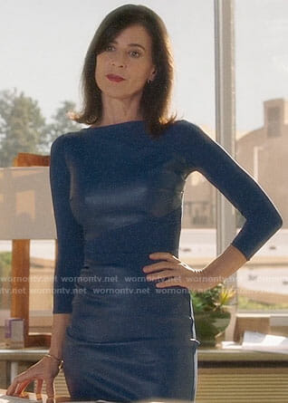 Nina's blue leather panel dress on Famous in Love