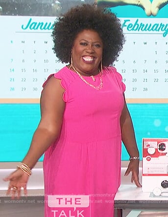 Sheryl's pink scalloped sleeve dress on The Talk