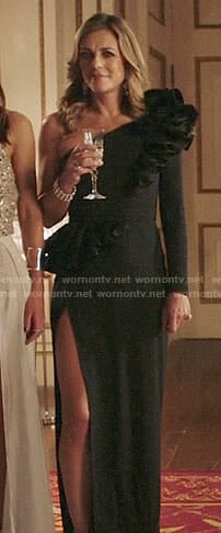 Helena's black one-shoulder ruffled gown on The Royals