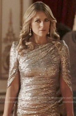 Queen Helena's silver sequin gown on The Royals