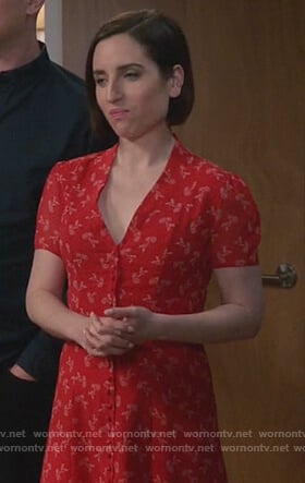 Jen's red floral print dress on Life in Pieces