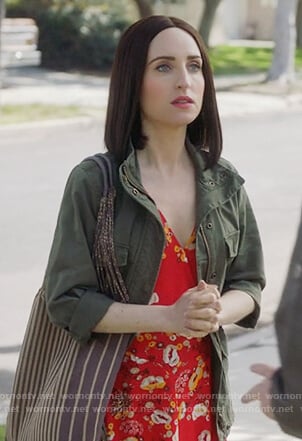 Jen's red floral print wrap dress on Life in Pieces