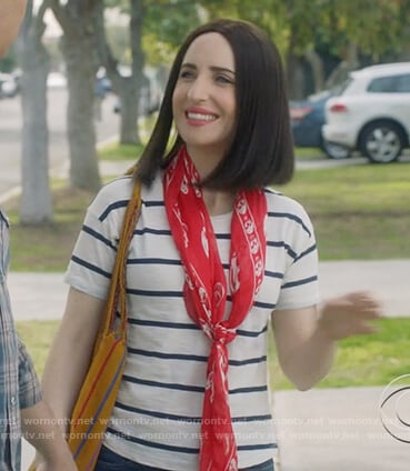 Jen's white striped tee and red skull print scarf on Life in Pieces